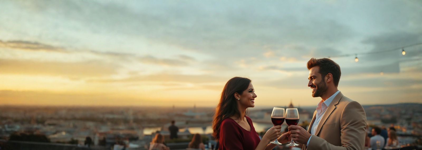 Mosolygó pár koccint egy budapesti tetőteraszon naplementekor